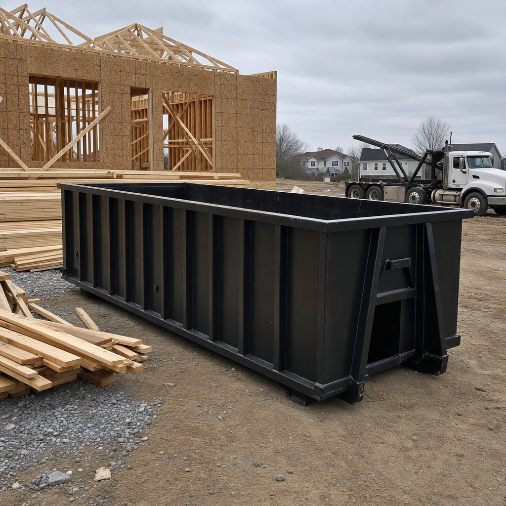 Matte-black 40-yard roll-off dumpster staged on a framed-out residential construction site in Lakeland, framing lumber stacked nearby, hooklift delivery truck visible in the background under bright Colorado daylight