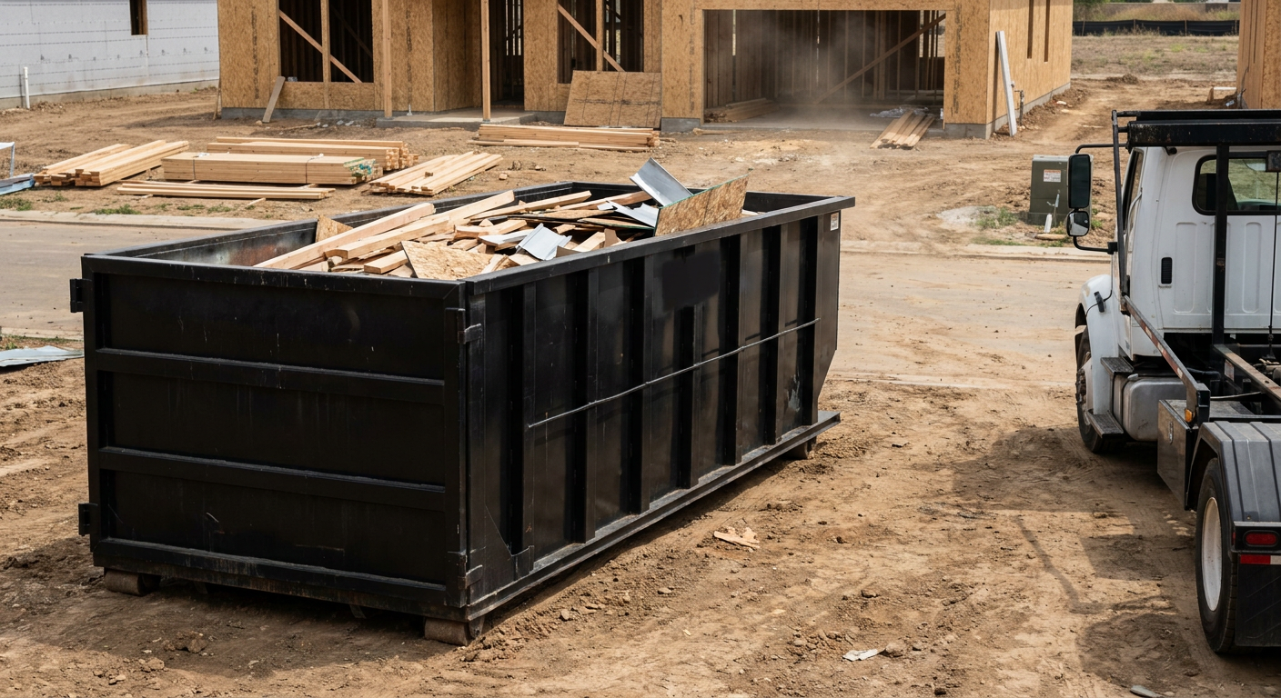 Matte-black 20-yard roll-off construction dumpster with heavy ribbed steel sidewalls and swing rear doors at a working jobsite in Lakeland, sitting directly on compacted dirt with an unmarked white hauler partially visible at the far edge of the frame.