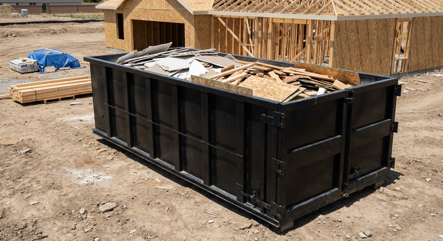 Matte-black 30-yard roll-off construction dumpster sitting directly on the compacted-dirt site of a framed single-family home build in Lakeland, drywall and lumber scrap loaded inside.