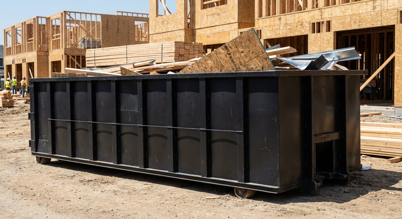 Matte-black 40-yard roll-off construction dumpster being lowered from a white-cab hooklift delivery truck onto the compacted-dirt jobsite at a commercial build site in Lakeland