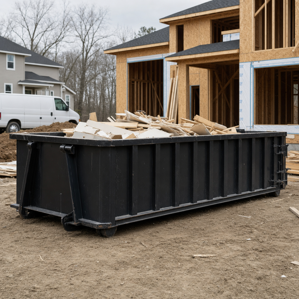 Worker in a yellow high-visibility vest tossing framing lumber and broken drywall into a matte-black 30-yard construction roll-off dumpster on an active build site in Lakeland, bright daylight