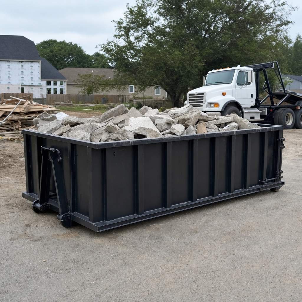 Low-profile matte-black lowboy roll-off dumpster loaded with broken concrete slab and rebar at a foundation tear-out in Lakeland, skid steer parked beside it, sunny Colorado morning