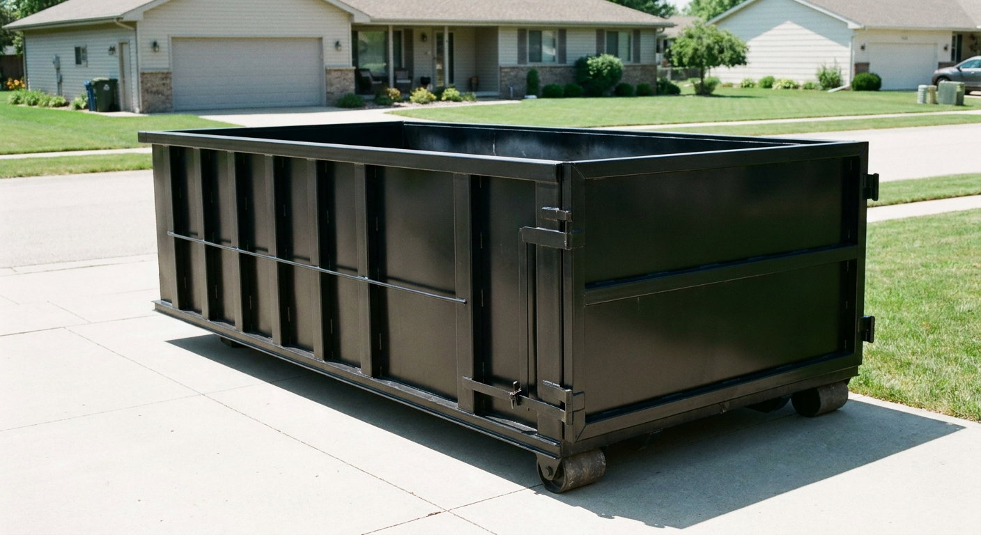 Matte-black 10-yard roll-off dumpster on a residential concrete driveway in Lakeland, uniformly painted matte black across every panel and rail, ribbed steel sidewalls and rear swing door visible, mid-day daylight.