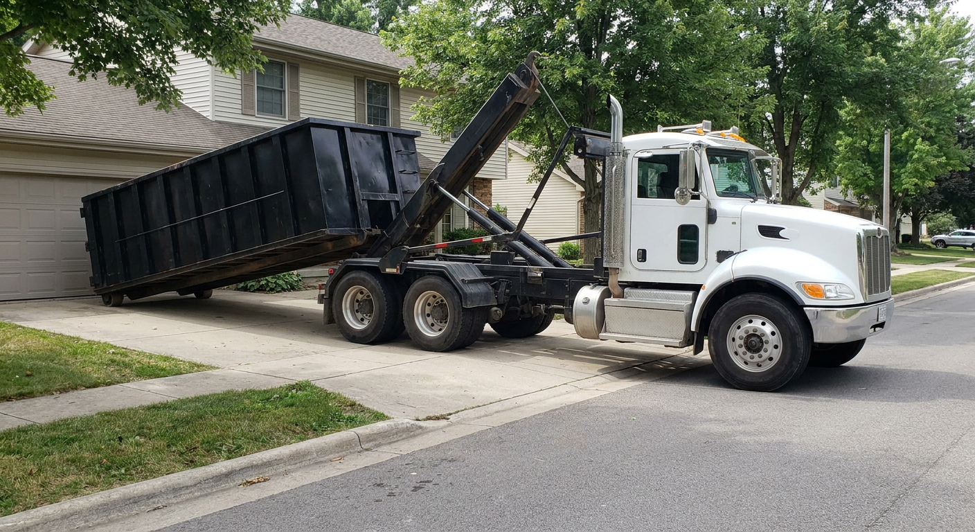 White-cab hooklift roll-off truck actively lowering a matte-black dumpster onto a Lakeland residential concrete driveway, the dumpster's rear wheels touching the driveway as the hoist arm tilts the bed forward, mid-morning daylight.