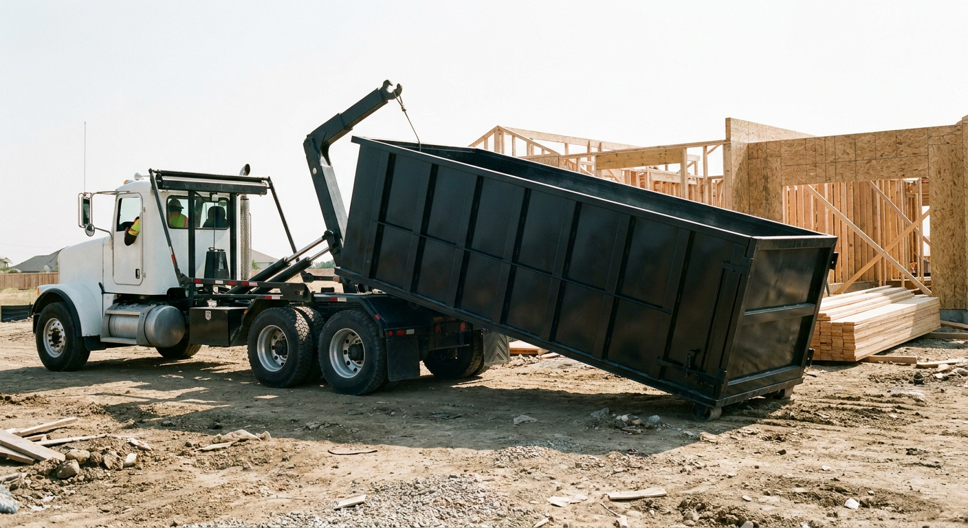 Matte-black roll-off dumpster being delivered onto a clean residential concrete driveway in Lakeland by an unmarked white hooklift hauler truck, bright morning daylight, documentary 35mm perspective.