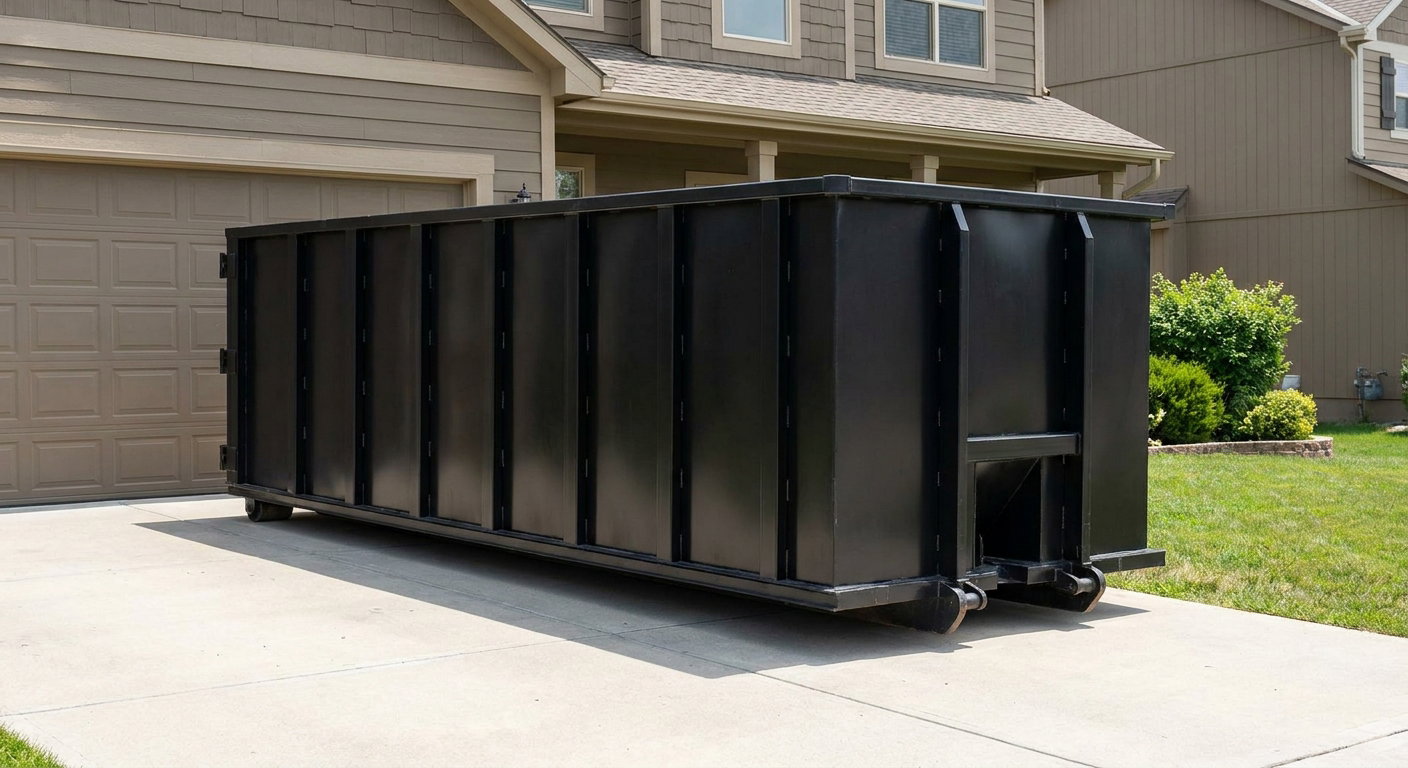 Matte-black residential roll-off dumpster sitting directly on a suburban Lakeland concrete driveway, garage door closed, single-family home in background, bright morning daylight.