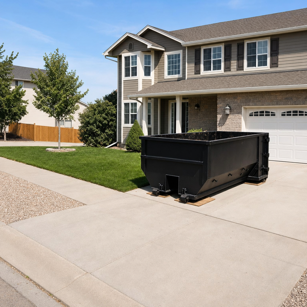 10-yard matte-black residential dumpster placed directly on a narrow Lakeland concrete driveway, room remains for a parked sedan beside it, mid-morning natural light