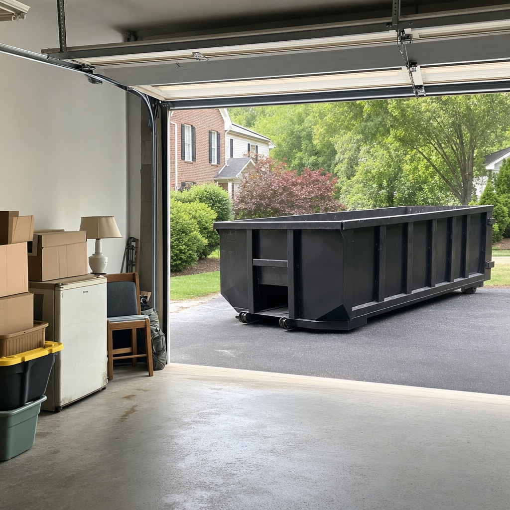 Open garage interior in a Lakeland home mid-cleanout — boxed items, an old appliance, and stacked yard tools queued near the driveway for a matte-black roll-off dumpster, organized and calm