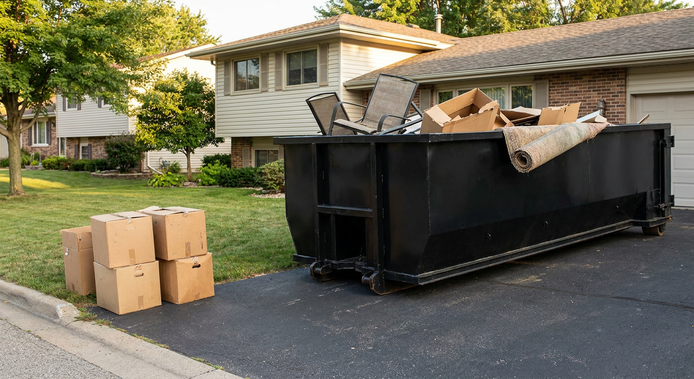 Front-yard view of a Lakeland split-level home with a 20-yard matte-black roll-off dumpster sitting directly on the asphalt driveway, a few clearly labeled donation boxes staged at the curb, calm sunny afternoon.