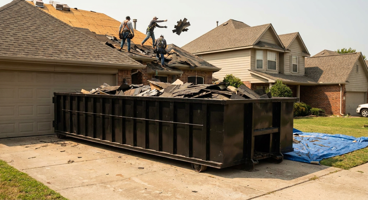 Matte-black roofing roll-off dumpster placed directly on a Lakeland residential concrete driveway, a tear-off crew on a two-story asphalt-shingle roof tossing shingle bundles into the low-walled container, bright daylight, documentary 35mm perspective.