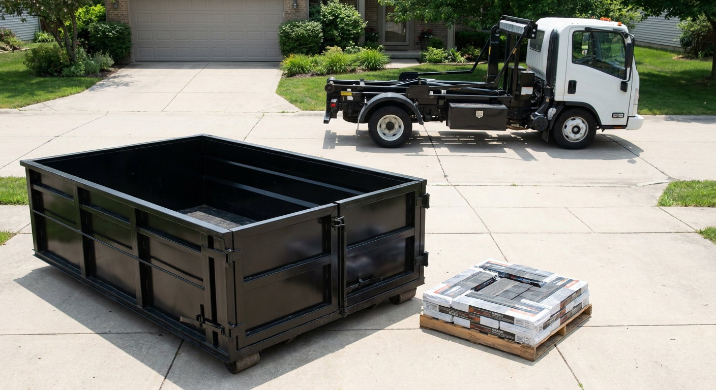 Matte-black 15-yard roofing roll-off dumpster with reinforced low side walls sitting directly on a Lakeland residential concrete driveway, three-tab asphalt shingle bundles stacked nearby, an unmarked white hauler truck partially visible at the edge of the frame.