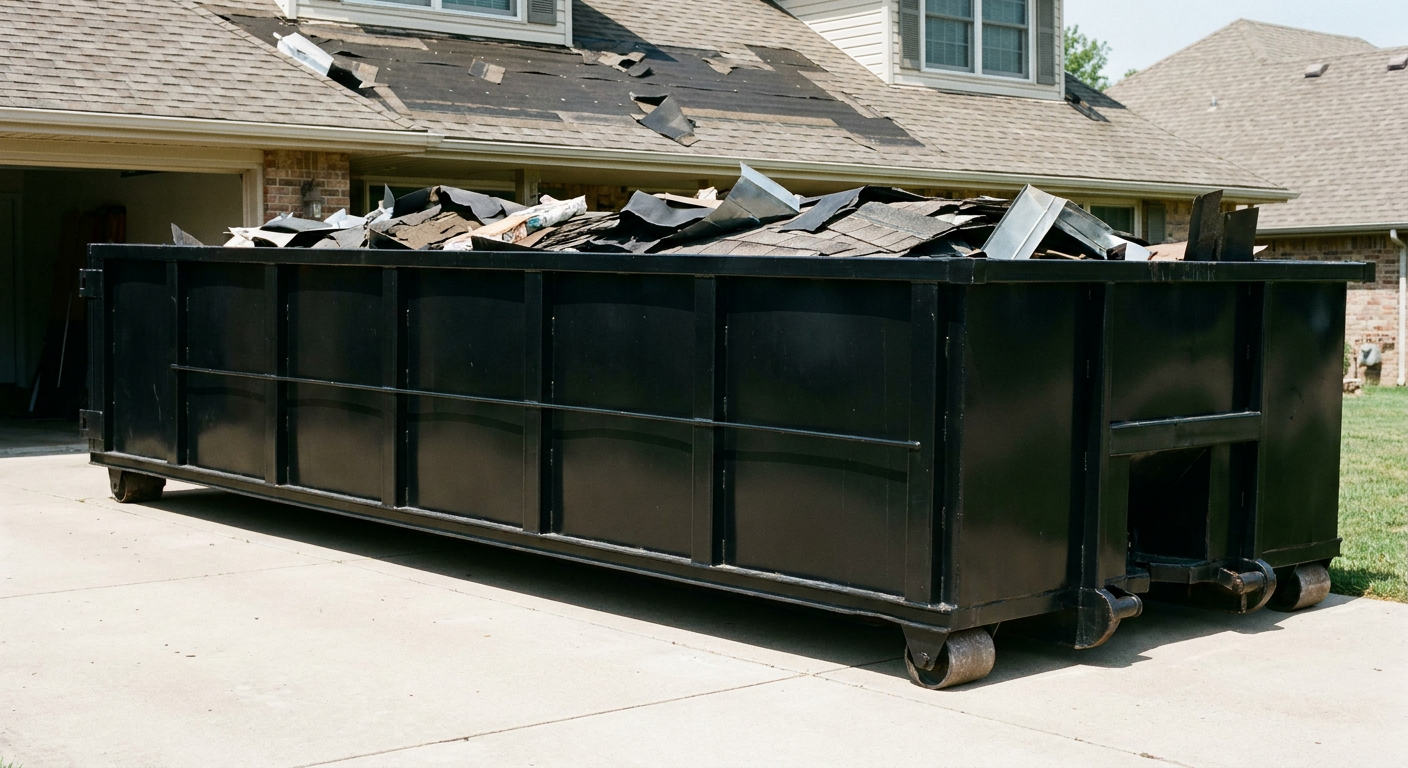 Matte-black 20-yard roofing roll-off dumpster with steel ribbed sides and swinging rear door, sitting directly on the concrete driveway of a two-story Lakeland home, asphalt shingle debris being loaded over the low wall, clean documentary lighting.