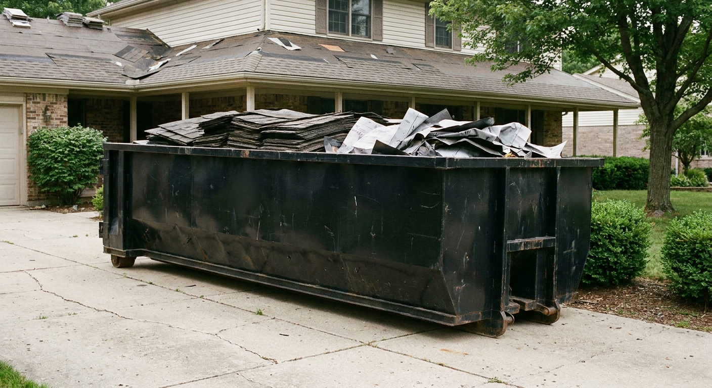 Matte-black 30-yard roofing roll-off dumpster sitting directly on a Lakeland concrete driveway, taller ribbed steel side panels, mixed tear-off debris of asphalt shingles and underlayment inside, professional documentary daylight.