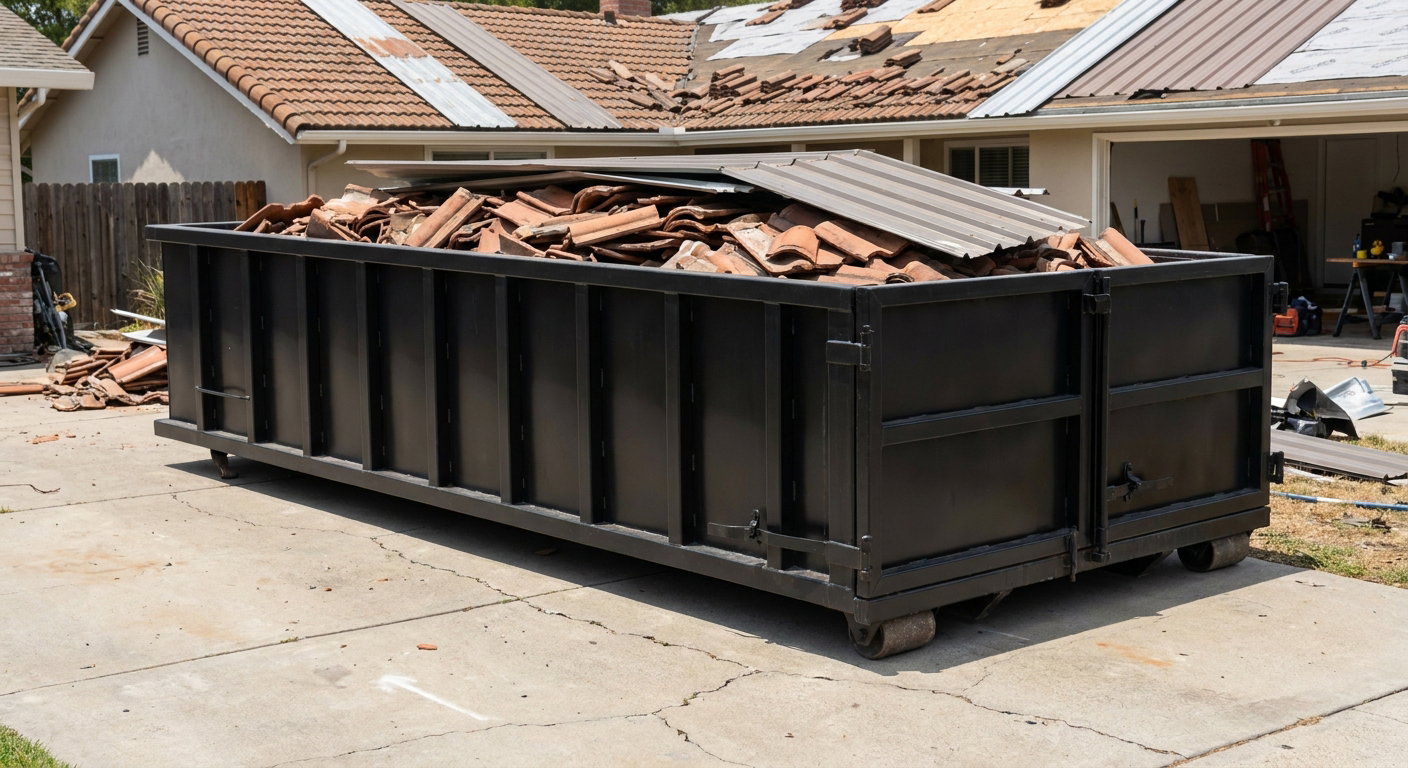 Matte-black low-wall heavy-debris roofing roll-off dumpster sitting directly on a Lakeland concrete driveway, broken concrete clay roof tiles and metal panel sections loaded inside, reinforced ribbed steel side walls visible, bright outdoor daylight.