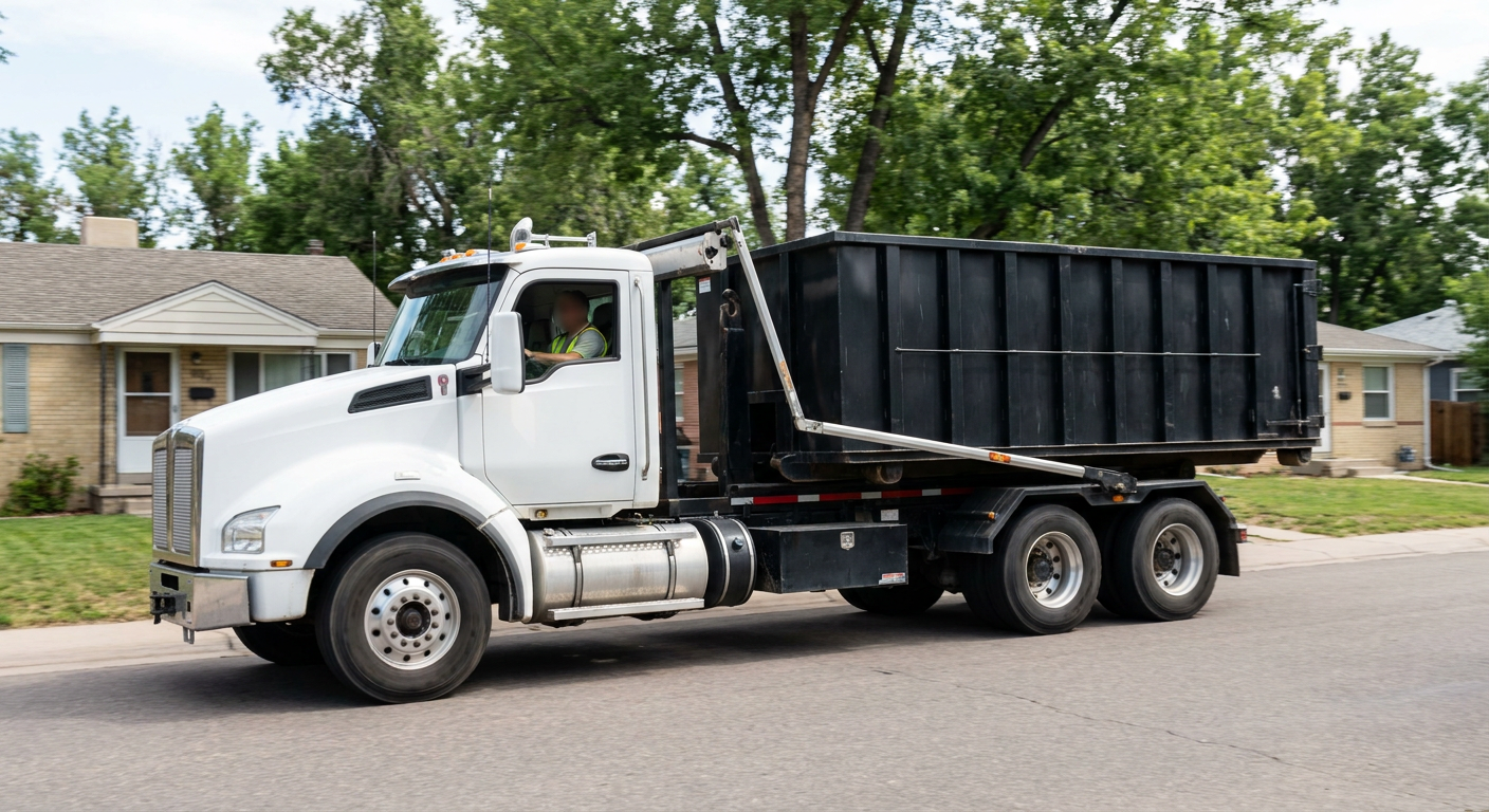 A wide documentary shot of a matte-black roll-off delivery truck pulling onto a quiet Lakeland residential street at mid-morning, with neighborhood rooftops and tree-lined blocks visible behind, showing the metro coverage footprint.