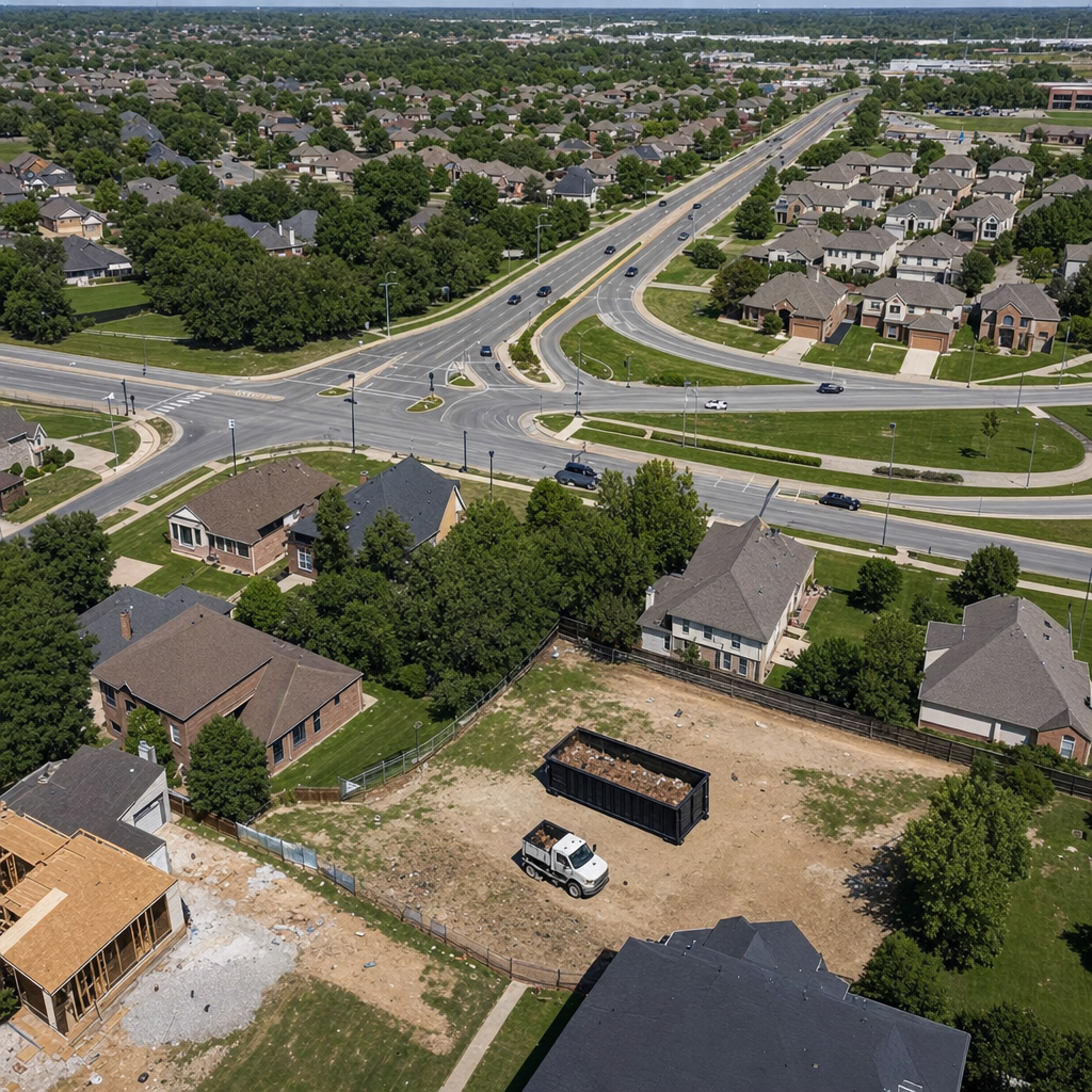 An overhead documentary view of the Lakeland metro area at midday, showing the spread of neighborhoods, arterial roads, and the dispatch radius from a central yard — clean daylight, organized geographic layout.