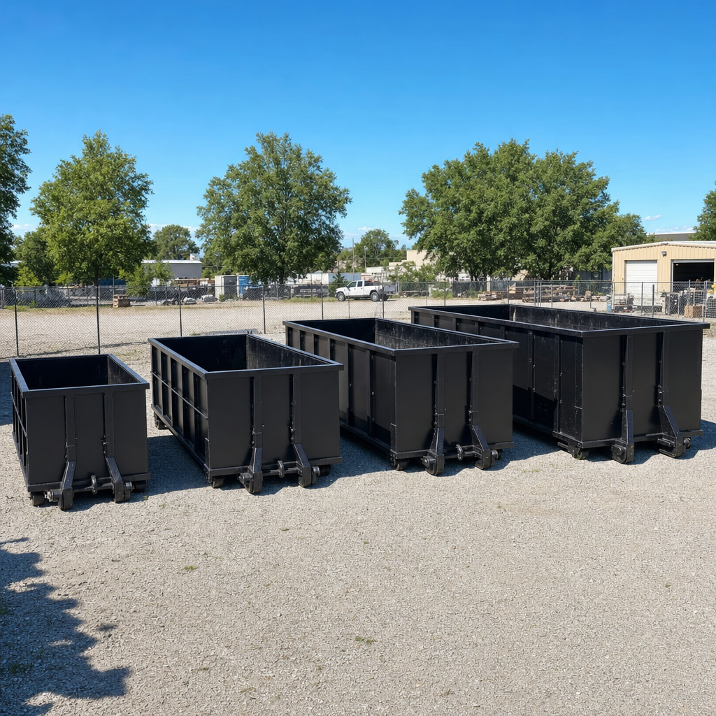 A clean lineup of matte-black roll-off dumpsters in 10, 20, 30, and 40-yard sizes staged on a sunlit gravel yard in Lakeland, showing the size progression from compact to commercial-scale containers.