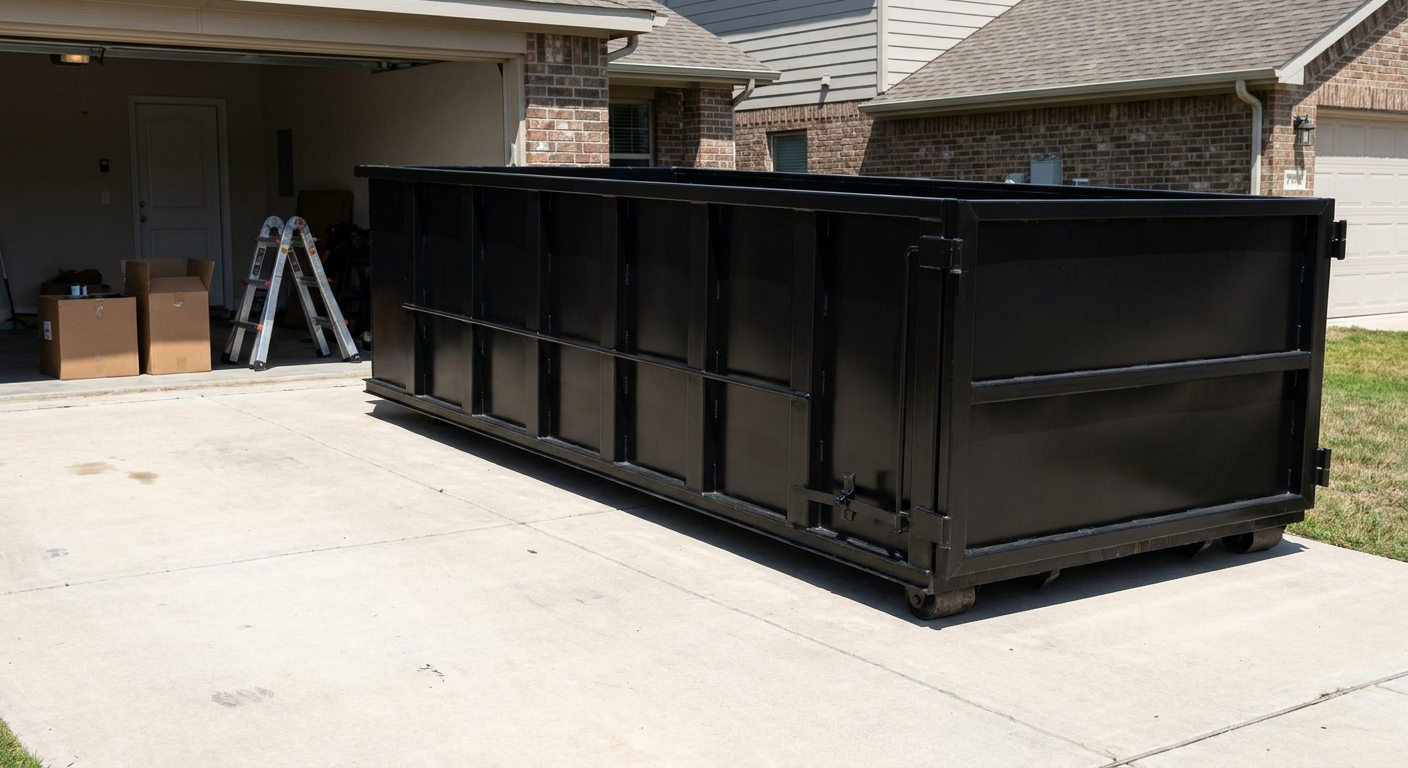 A matte-black 10-yard roll-off dumpster sitting directly on a residential Lakeland concrete driveway, mid-day sunlight, clean and ready for a garage cleanout.