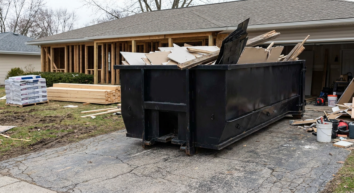 A matte-black 20-yard roll-off dumpster placed alongside a mid-renovation Lakeland home directly on the asphalt driveway, with framing materials and torn-off shingles staged neatly nearby.