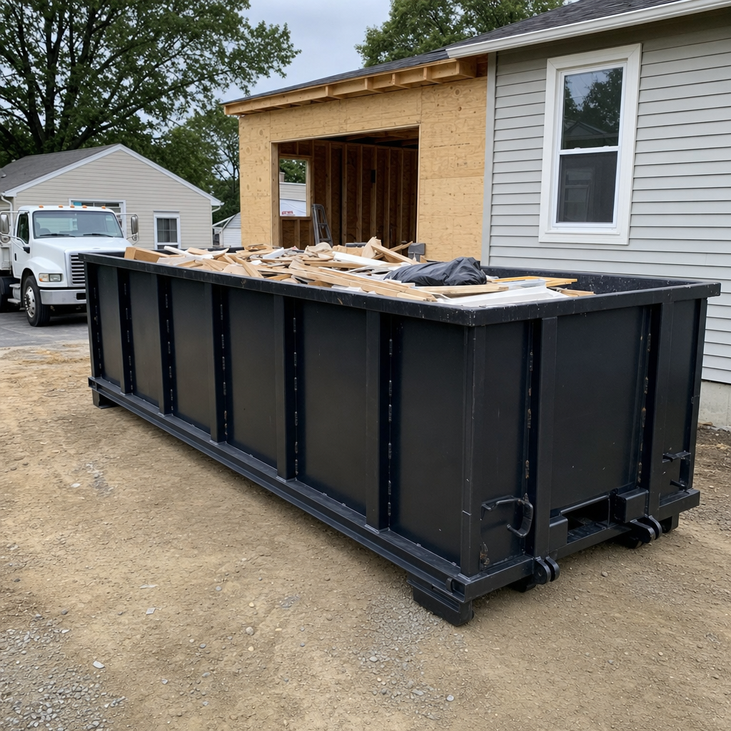 A matte-black 30-yard roll-off dumpster positioned at a Lakeland residential addition jobsite, with framing lumber and drywall scraps loaded through the open swinging rear doors.