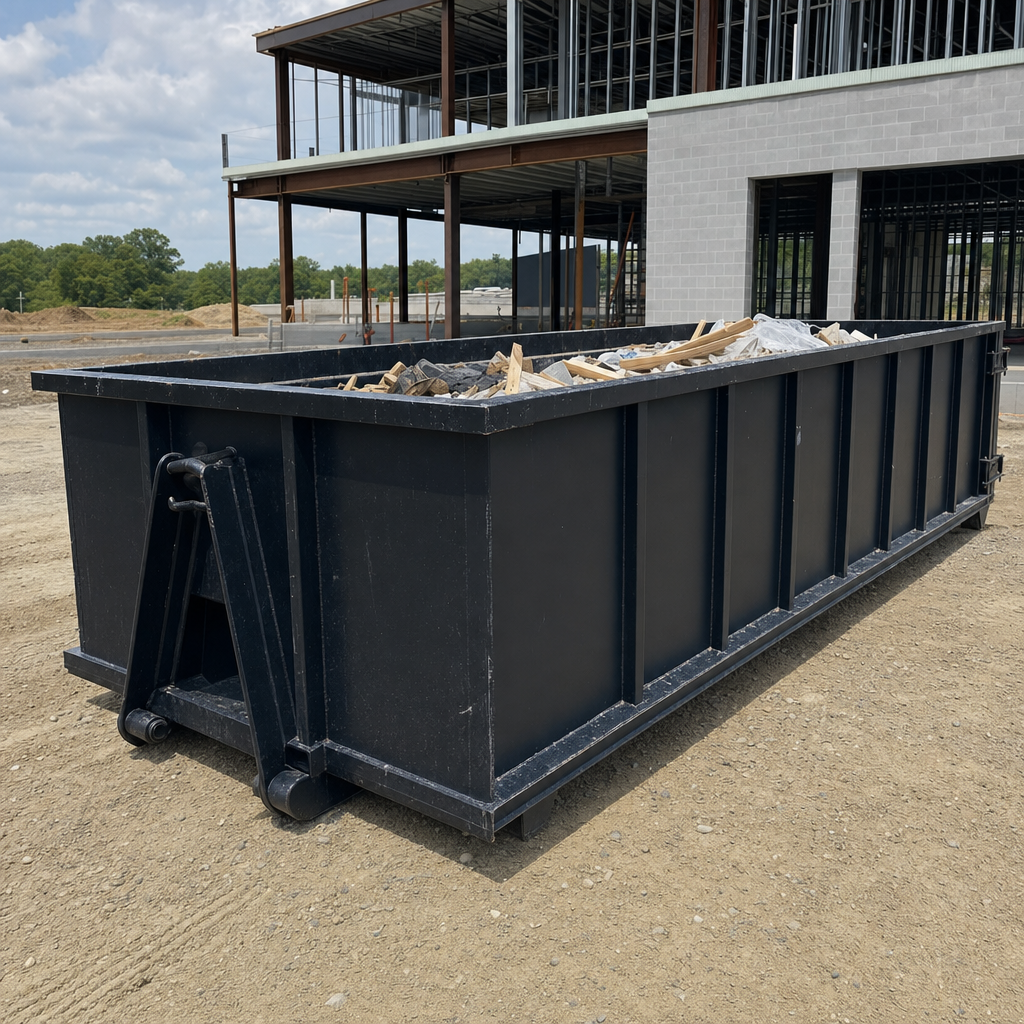 A matte-black 40-yard roll-off dumpster staged on a large Lakeland commercial construction lot, with a hooklift delivery truck parked alongside under bright midday sky.