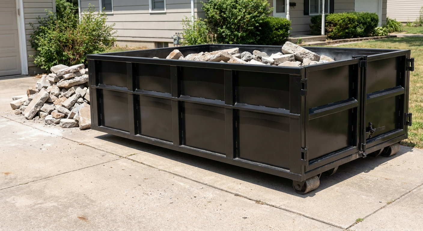 A matte-black low-side heavy-debris roll-off dumpster placed directly on a Lakeland concrete driveway, with broken concrete chunks neatly stacked beside it under clean daylight.